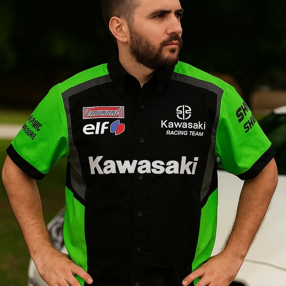 Racing Team Shirt Kawasaki Motocross Green Black Button-Up | Size 2XL - Picture 3 of 4